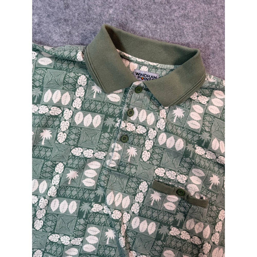 Vintage Windham Pointe Mens XL Green Tropical Palm Tree Geometric Polo Shirt